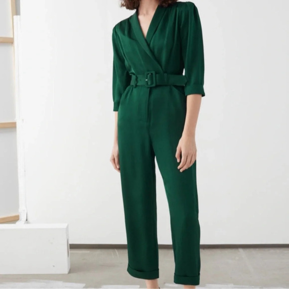 & Other Stories Shawl Collar Belted Boilersuit in Green Size 4